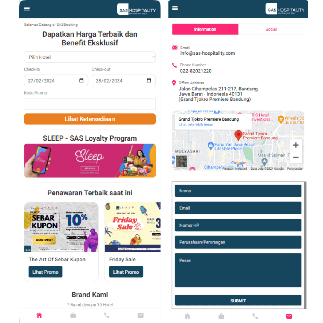 Project SAS Hospitality Mobile Website - Web Development by AV Labs Indonesia